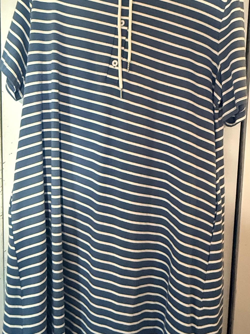 BloomChic Navy and White Striped Short-Sleeve  dress with hood.